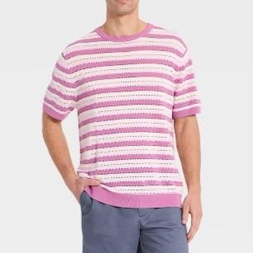Goodfellow & Co Men's Crewneck Shawl Sweater Pink Striped Short Sleeved ShirT